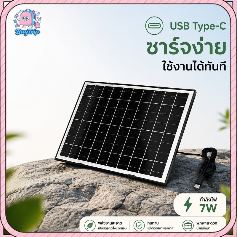 แผงโซล่าเซลล์ 10W Type C สายชาร์จยาว 1.7M โมโนคริสตัลไลน์ กันน้ำ กล้องวงจรปิด