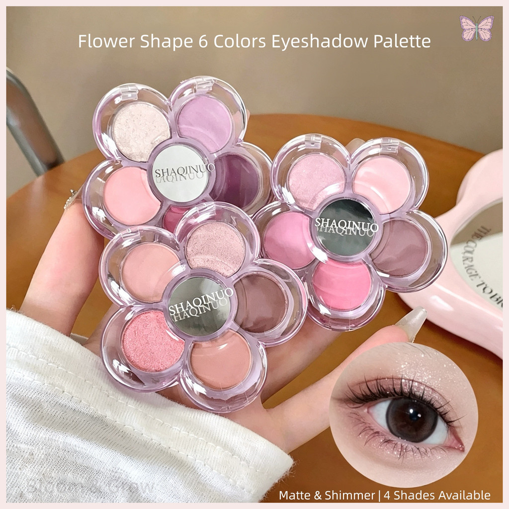 พาเลตต์อายแชโดว์ SHAQINUO รูปดอกไม้ 6 เฉดสี ผิวแมตต์ ชิมเมอร์ พกพาง่าย สำหรับแต่งตาประจำวัน นักเรียน มือใหม่