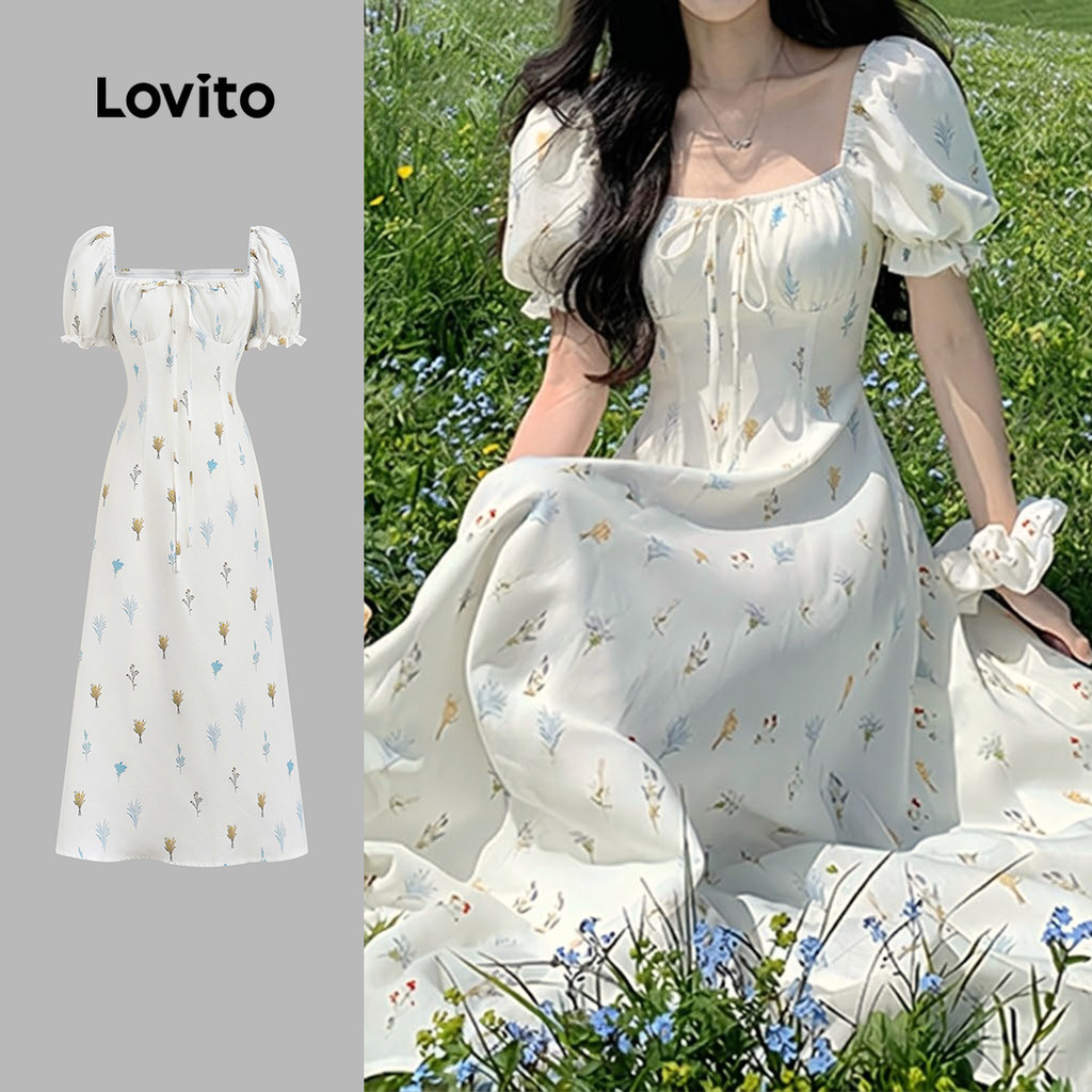 Lovito แพทเทิร์นชุดเดรสผู้หญิงลําลอง ลายดอกไม้ ดีไซน์เส้นโครงสร้าง สําหรับฤดูใบไม้ผลิ/ฤดูร้อน เกาหลี อินเทรนด์ LK4AD212