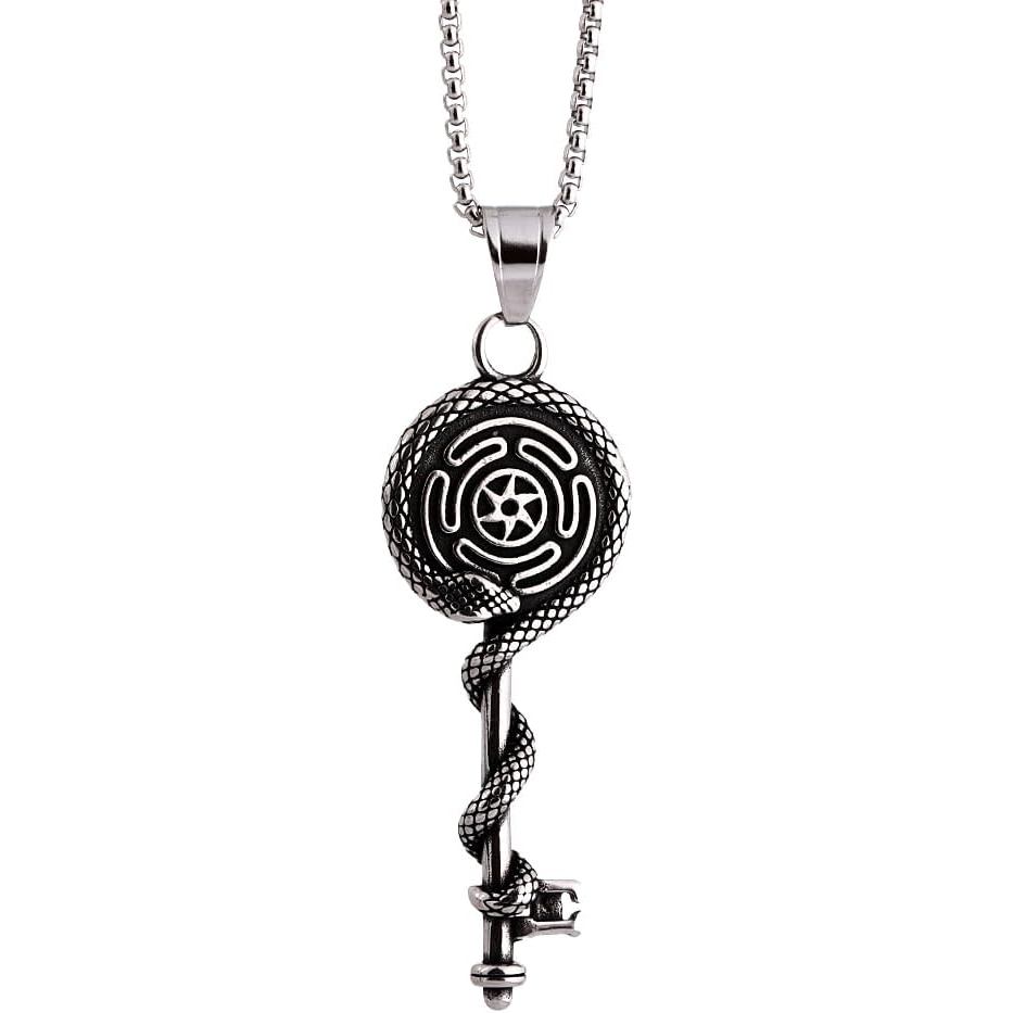 YWMAN สร้อยคอกุญแจล้อ Hecate, จี้งู Stallalos, Triple Moon Goddess Amulet Pagan Wiccan Protection Ta