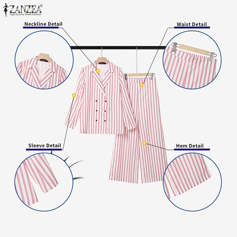 ZANZEA ซานเซีย เสื้อเบลาส์ลายทางแขนยาวผู้หญิงทรงหลวม + กางเกงขายาวชุดสองชิ้น — صورة 7