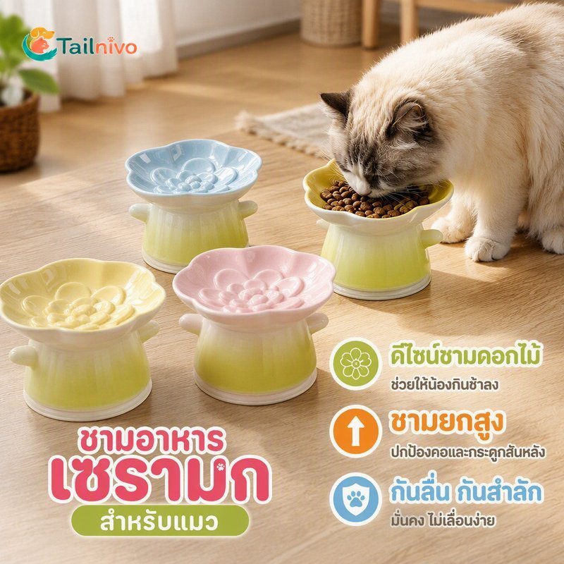 ชามอาหารแมวเซรามิกเครื่องป้อนช้าป้องกันการหายใจไม่ออกยกยืนไม่ลื่นฐานขอบเรียบปลอดภัย