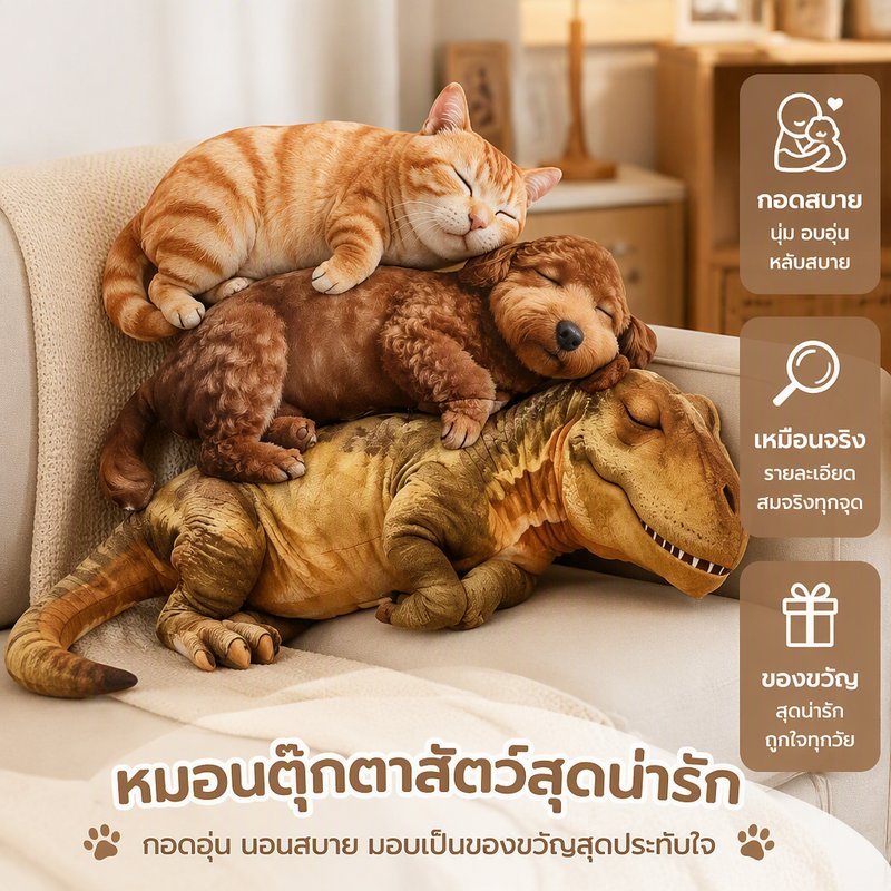 ตุ๊กตาหมอนอิง ตุ๊กตาสัตว์เหมือนจริง นุ่มฟู หมอนกอด ลายแมว สุนัข ไดโนเสาร์ ของขวัญเด็ก