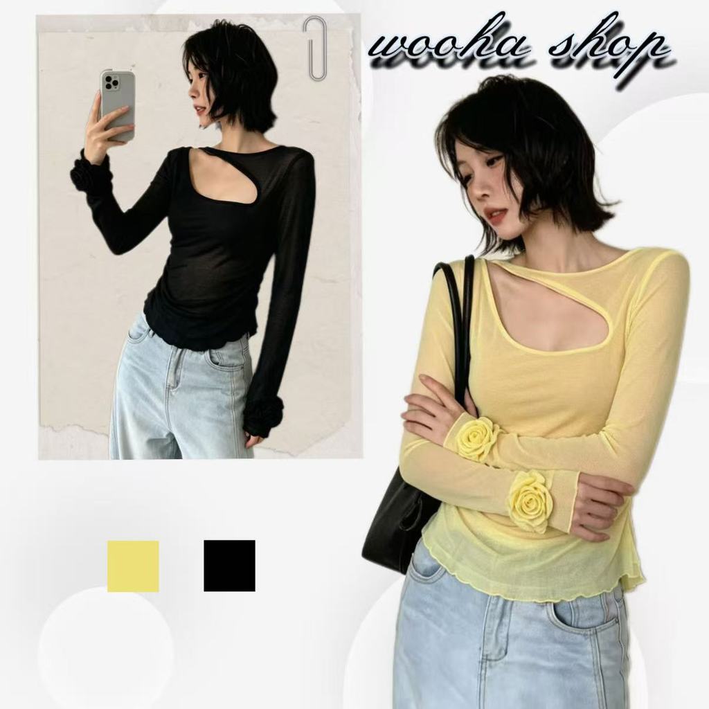 🥰wooha shop🥝ดีไซน์แขนเสื้อประดับลายดอกไม้ ไหล่เปิด และคอเสื้อเว้า ช่วยให้เสื้อดูเพรียวและมีสไตล์