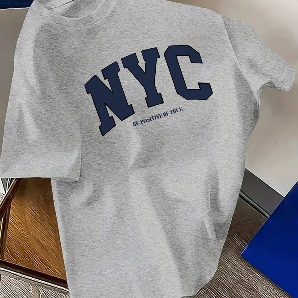 ผู้ชายรอบคอแขนสั้นเสื้อยืด NYC สีกรมท่าพิมพ์หลวมสบายๆสีดําสีเทาสีขาว Tricolor ฤดูร้อนเสื้อผ้าผู้ชาย