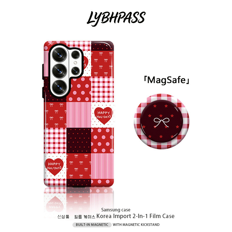 เคสซัมซุง+แม่เหล็ก Griptok MagSafe ลายตารางต่อชิ้น หัวใจ โบว์ สไตล์หวานโรแมนติก 2ชั้น เคส Samsung galaxy s20/s21/s22/s23/s24/s25/s26 fe plsu egde ultra NOTE20 ULTRA 5G 4G เปิดเลนส์ โทรศัพท์ มือถือ case