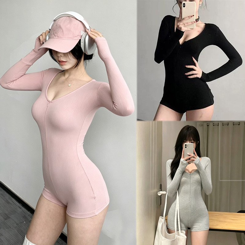 Keno (S-2XL) ชุดบอดี้สูทแขนยาว ชุดออกกำลังกาย เบอดี้สูท มีซิปด้านหน้าผู้หญิง ชุดโยคะ เนื้อผ้ากระชับยืดหยุ่น เก็บทรง