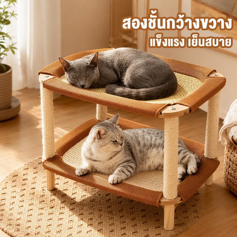 เตียงแมว 2 ชั้น เตียงไม้แมว วัสดุป่านศรนารายณ์ ระบายอากาศ เบาะนอนแมว เย็นสบาย