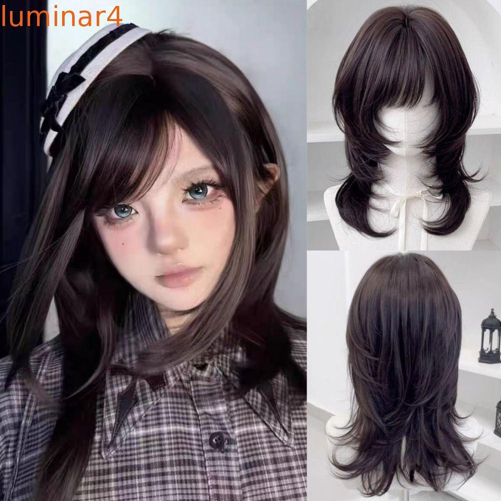 LUMINAR แมงกะพรุนวิกผมเรียบ, สังเคราะห์สีน้ําตาลสีดําขนาดกลางตรงชั้นวิกผม,หวาน Hairpiece Wolf Cut Mu