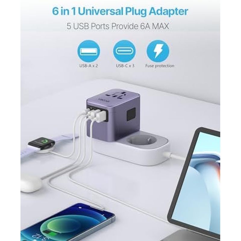 VintAR Universal Travel Adapter 30W, 6 in 1 พร้อม USB-C 3 USB-A, สีม่วง | International Power Adapte