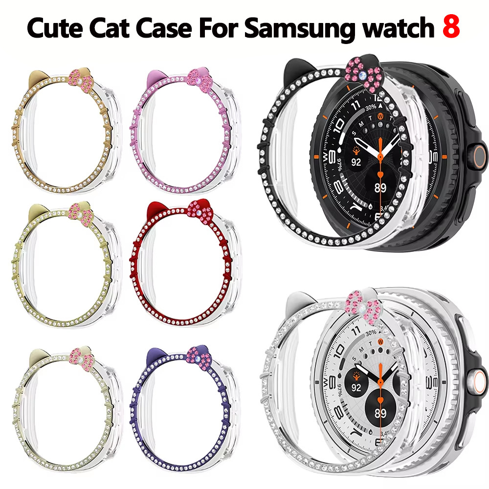 แมวหูเพชรสําหรับ Samsung Galaxy นาฬิกา 9 8 44 มม.40 มม.การ์ตูนฝาครอบ Accessorie Protector สําหรับ Galaxy Watch9 Watch8 SmartWatch การ์ตูน Hollow PC กรณี