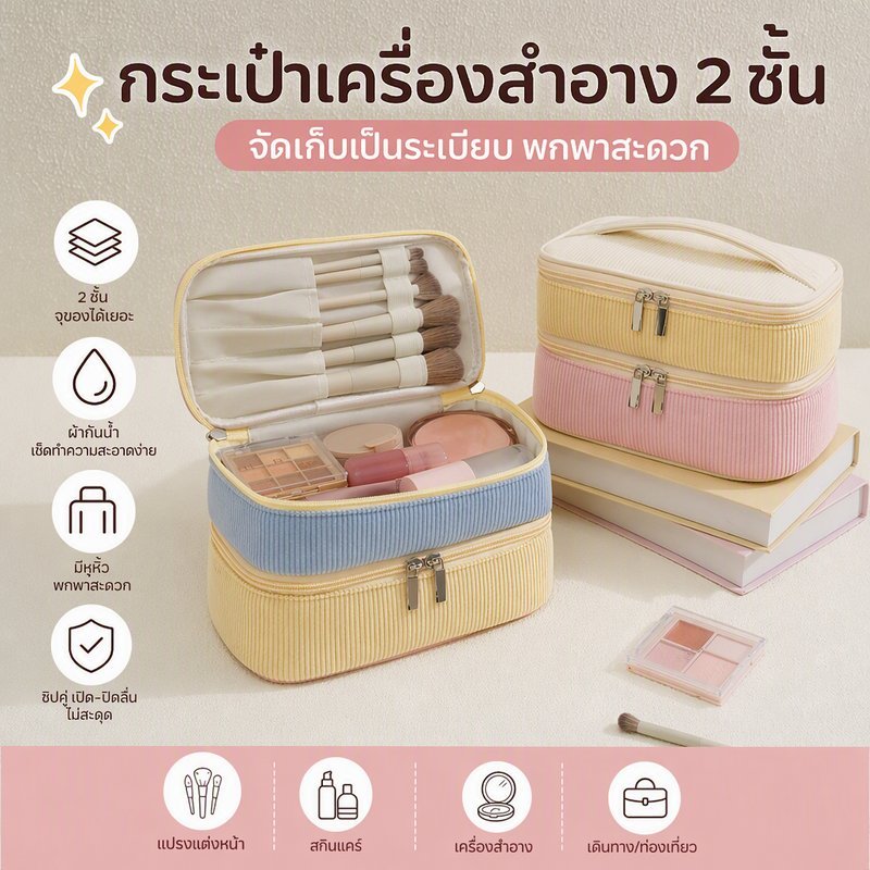 กระเป๋าเครื่องสำอาง กำมะหยี่ สองชั้น จุเยอะ หูหิ้ว ซิปคู่ แบ่งช่อง เก็บแปรง ลิป รองพื้น เดินทาง