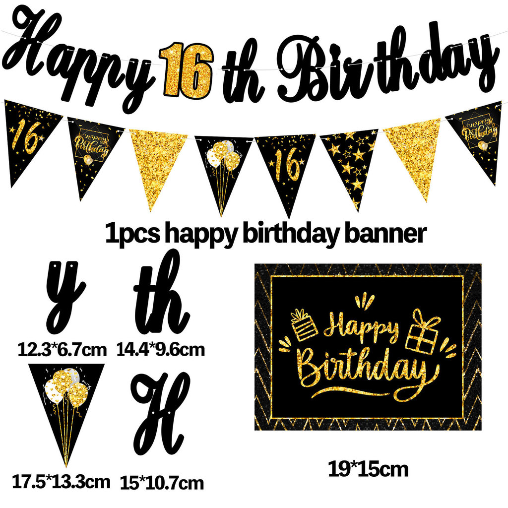 1 ชุดสีดําทอง 16th Happy Birthday Pennant Banner Set, อุปกรณ์เสริมสําหรับ 16 18 21 30 40 50 60 70 80
