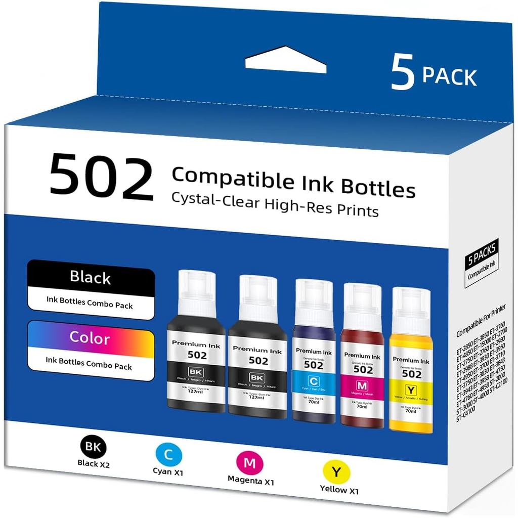 502 ขวดหมึกเติมความจุสูงเข้ากันได้กับ Epson EcoTank ET-2580 ET-3830 ET-2760 ET-2850 ET-3850 ET-4850 