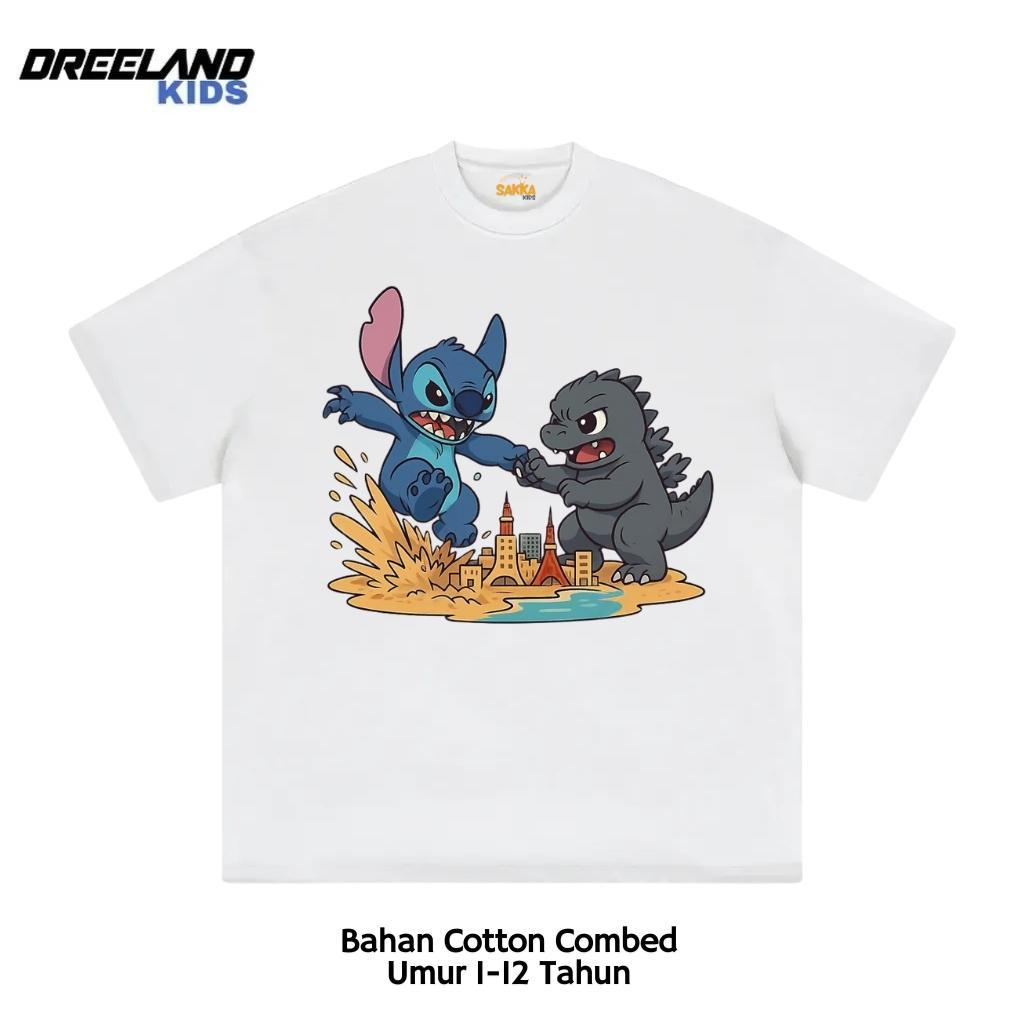 Dreeland Kids Godzilla x Sticth Kids T-Shirt / Distro Kids T-Shirt for Boys and Girls