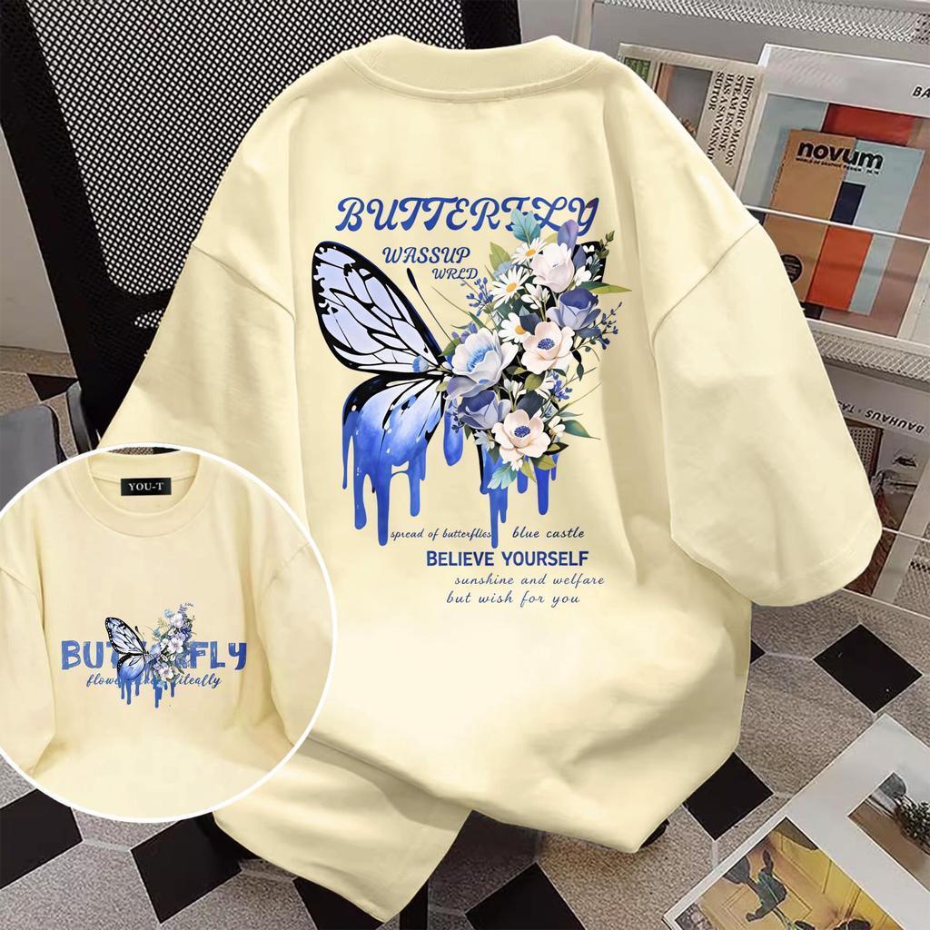 YOU-T🐆เสื้อแฟชั่น ใส่สบาย เสื้อยืดแขนสั้น ลาย เสื้อ ผ้านิ่ม OVERSIZE สไตล์เกาหลี ลาย "Blue butterfly"