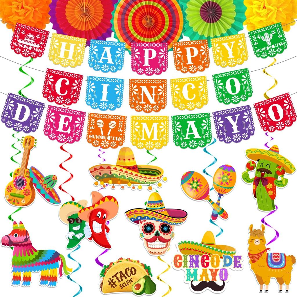 Cinco De Mayo ตกแต่ง, เม็กซิกัน Fiesta ตกแต่งรวม Happy Cinco De Mayo แบนเนอร์เม็กซิกันแขวน Swirls แล