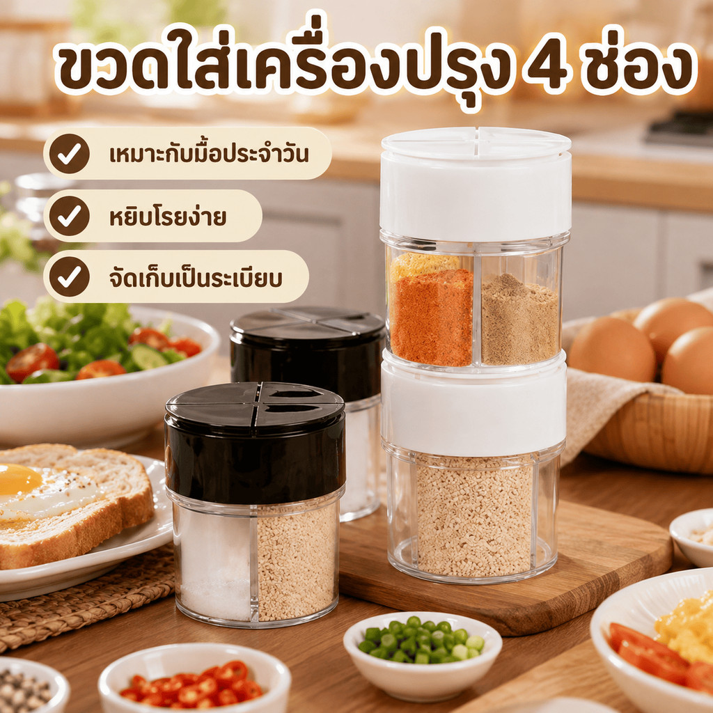 จัดครัวให้เป็นระเบียบด้วยขวดเครื่องปรุง 4 ช่อง แบ่งเก็บเครื่องเทศ ใช้ง่าย ฝาเปิดสะดวก ประหยัดพื้นที่ พกพาง่ายมาก