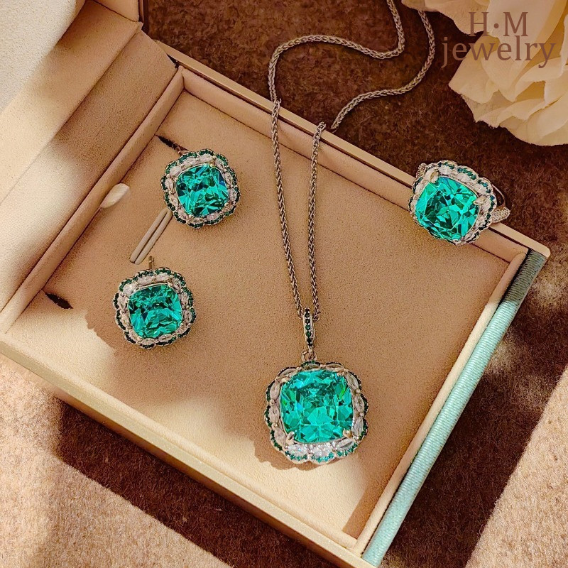 Paraiba Fat Square Royal Blue Diamond Necklace Fat Square Ring Female