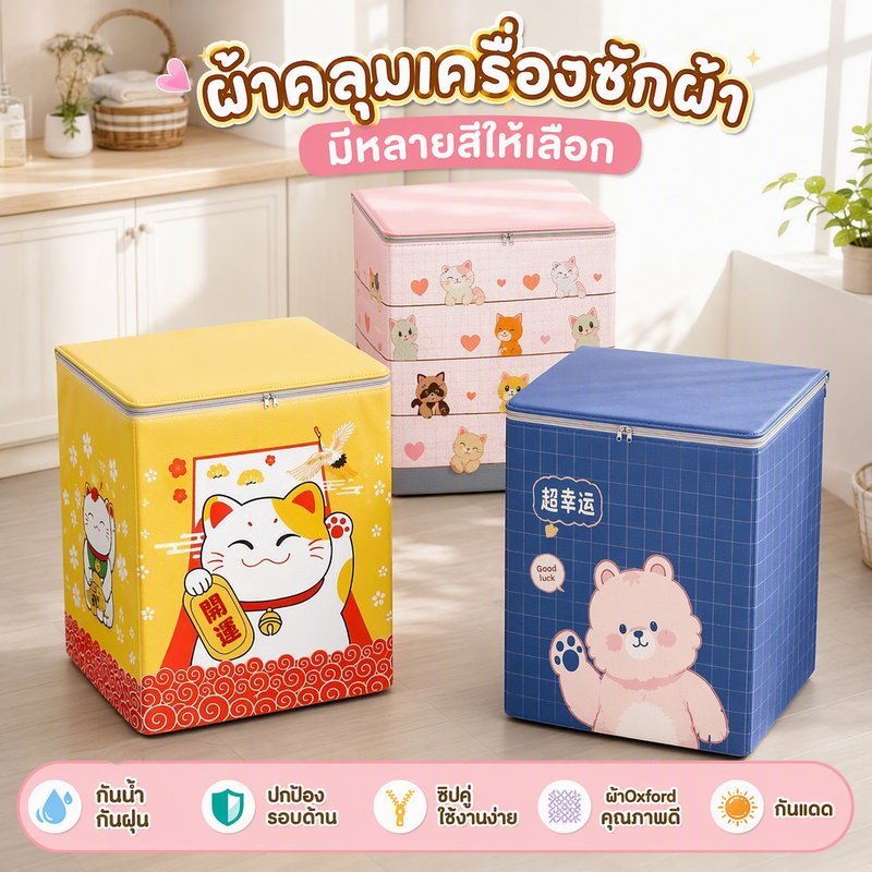 ผ้าคลุมเครื่องซักผ้า ฝาบน ผ้าออกซฟอร์ดเคลือบเงิน กันน้ำ กันฝุ่น กันแดด ลายการ์ตูน ไซส์ L XL 2XL