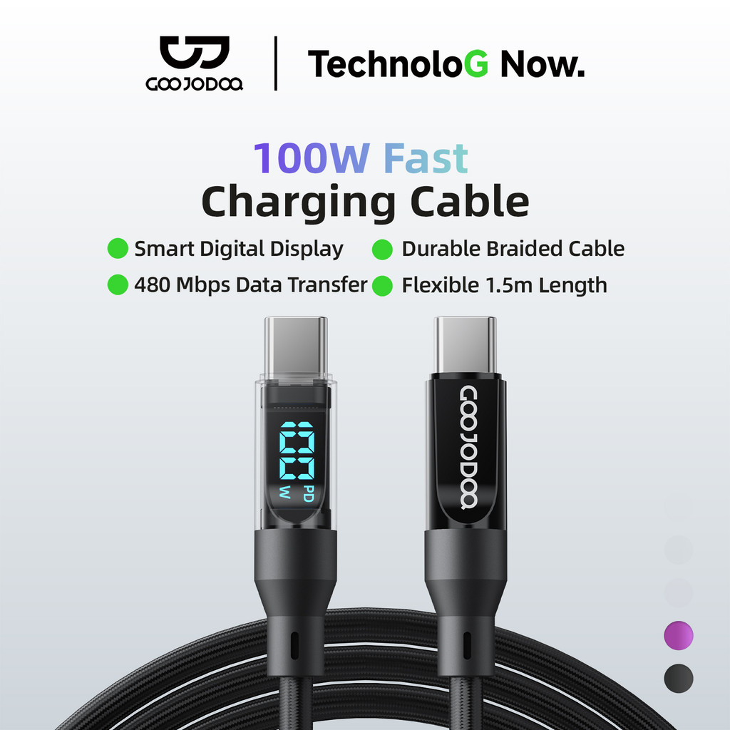 GOOJODOQ 1.5m 100W สายชาร์จเร็ว USB C ถึง USB C จอแสดงผลพลังงานเรียลไทม์ 480Mbps การถ่ายโอนข้อมูล