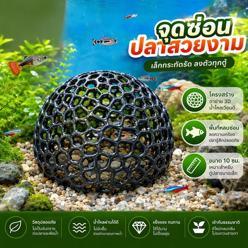 ของตกแต่งตู้ปลา ที่ซ่อนปลาเล็ก ตาข่าย พิมพ์สามมิติ บ้านปลา สไตล์ธรรมชาติ ติดตั้งง่าย