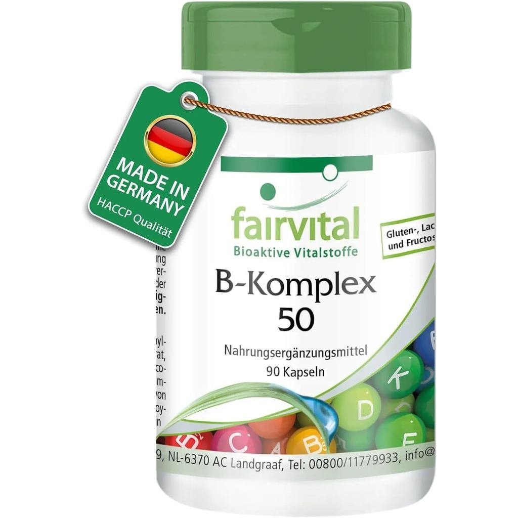 Fairvital Vitamin B Complex Tablets 50 เม็ด, 90 เม็ด แคปซูลกลืนง่าย, บรรจุ 500 ไมโครกรัม วิตามิน B12