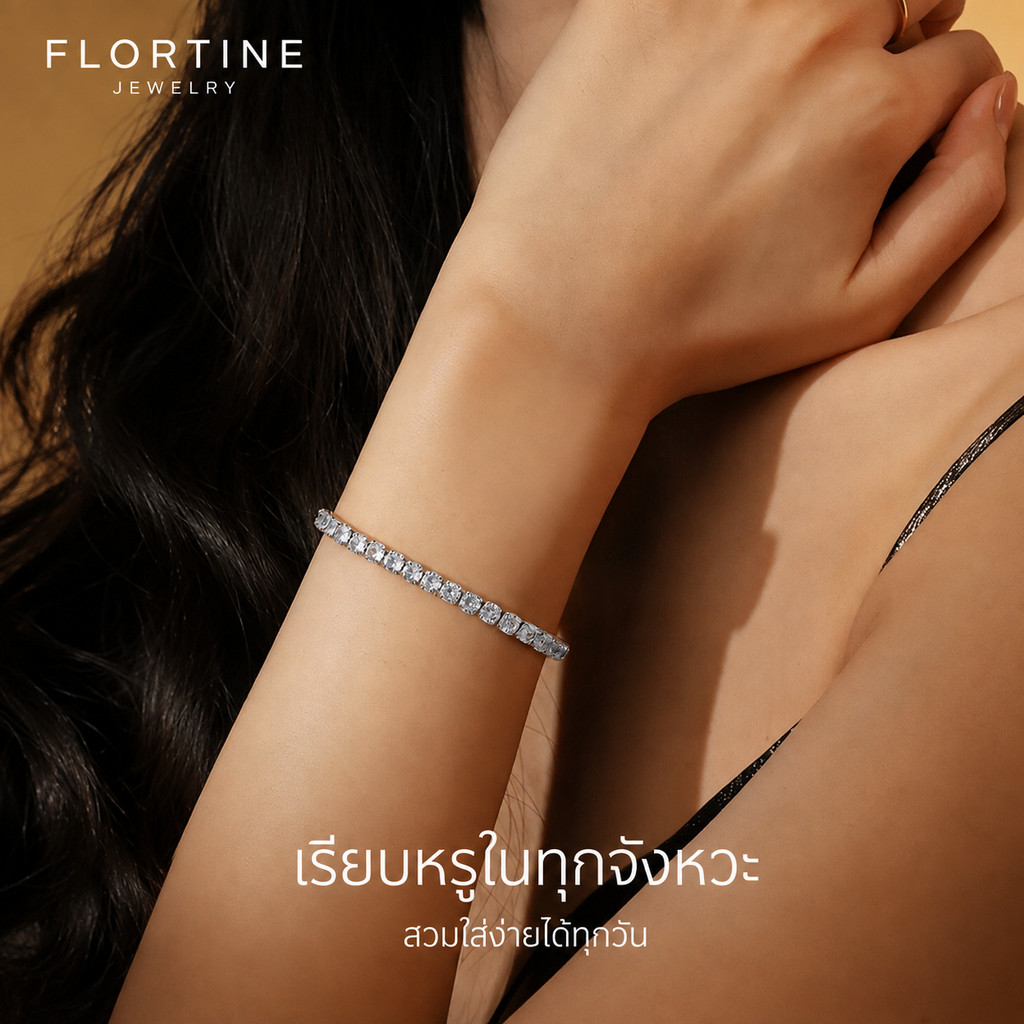 【โปรร้านใหม่】สร้อยข้อมือเพชร CZ ผู้หญิง ดีไซน์คลาสสิก ไม่ลอก ไม่มีนิกเกิล 3 สี เงิน โรสโกลด์ ทอง FLORTINE