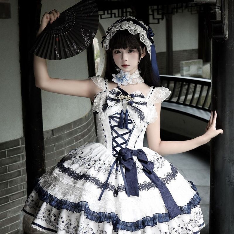 [Qingyun Fu ]~Design Lolita Dress Blue White Porcelain Sweet Jsk Hanging