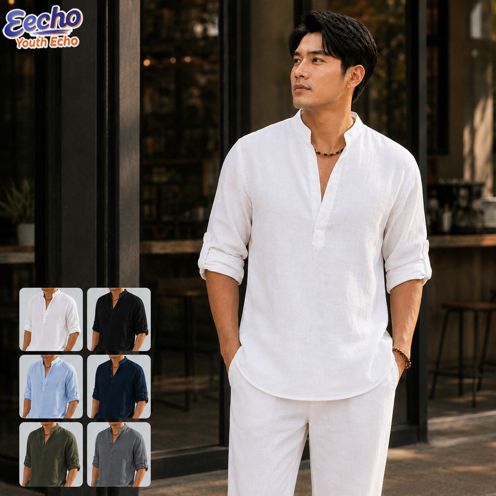 พลัสขนาดเสื้อคอตั้งผู้ชายผ้าฝ้ายผ้าลินินแขนยาวครึ่งปุ่มทรงหลวมลําลองด้านบน