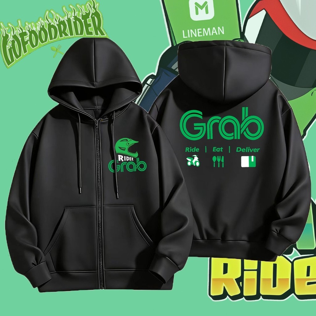 【2026สินค้าใหม่】 Grab Team ซิป Hoodie กับหมวก | Comfortable Zip-Up Sweatshirt | เสื้อฮู้ดมีซิป Grab พิมพ์ลายสำหรับผู้