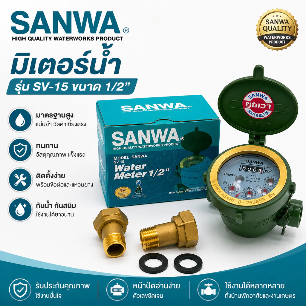 SANWA มิเตอร์น้ำ มาตรวัดน้ำ Water Meter รุ่น SV 15 ขนาด 1/2 นิ้ว สีเขียว คุ้มค่า ราคาถูก คุณภาพดี!!!