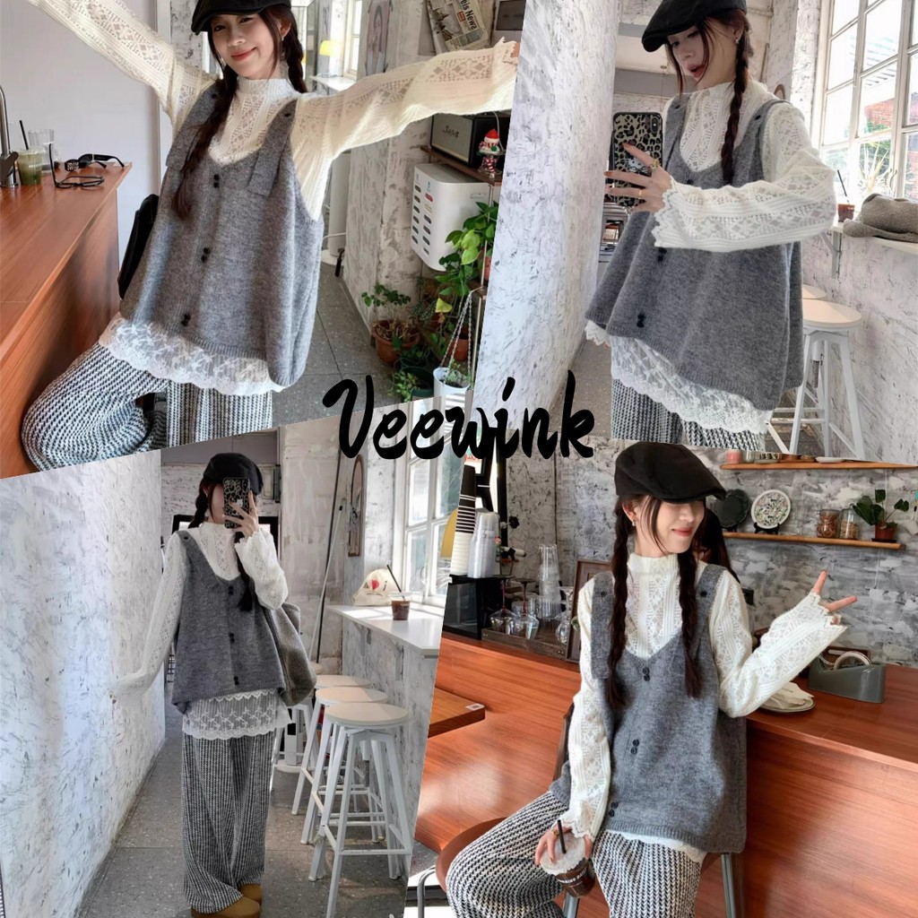 Veewink เสื้อกล้ามถักวินเทจสีพื้น ทรงหลวม ใส่ตัวนอก แมทช์ง่าย เก๋ไก๋ เนื้อนุ่ม