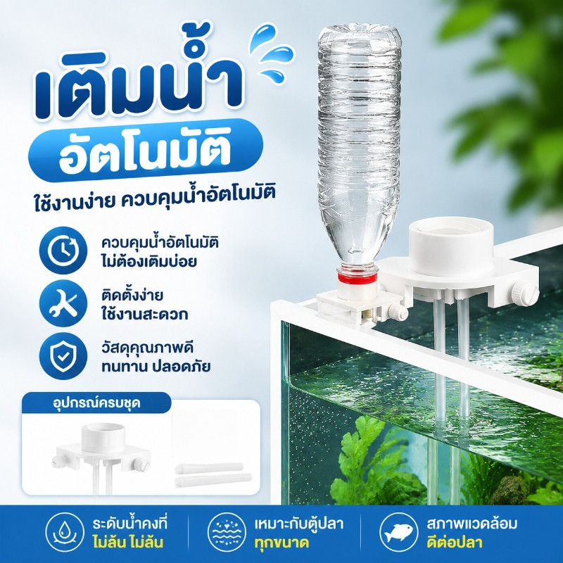อุปกรณ์เติมน้ำตู้ปลา ออโต้เติมน้ำ ควบคุมระดับน้ำ ติดมุมตู้ปลา ตู้ไม้น้ำ ตู้ปลาทะเล ขวดน้ำเกลียว
