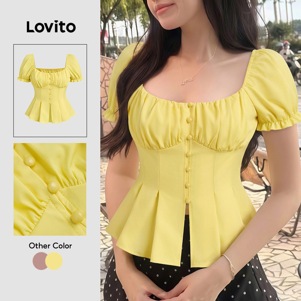 (New Arrival) Lovito เสื้อเบลาส์สีเหลืองสไตล์ลําลองแบบจีบด้านหน้าติดกระดุม สําหรับผู้หญิง เหมาะสําหรับฤดูใบไม้ผลิ/ฤดูร้อน LK7LD025