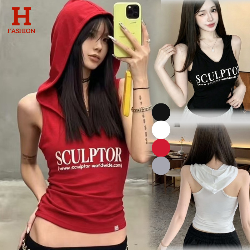 Hot fashion เสื้อแขนกุดมีฮู้ดผู้หญิงพิมพ์ตัวอักษร สไตล์เกาหลี มีแผ่นเสริมหน้าอก ใส่ได้ทุกวัน (FY1208)