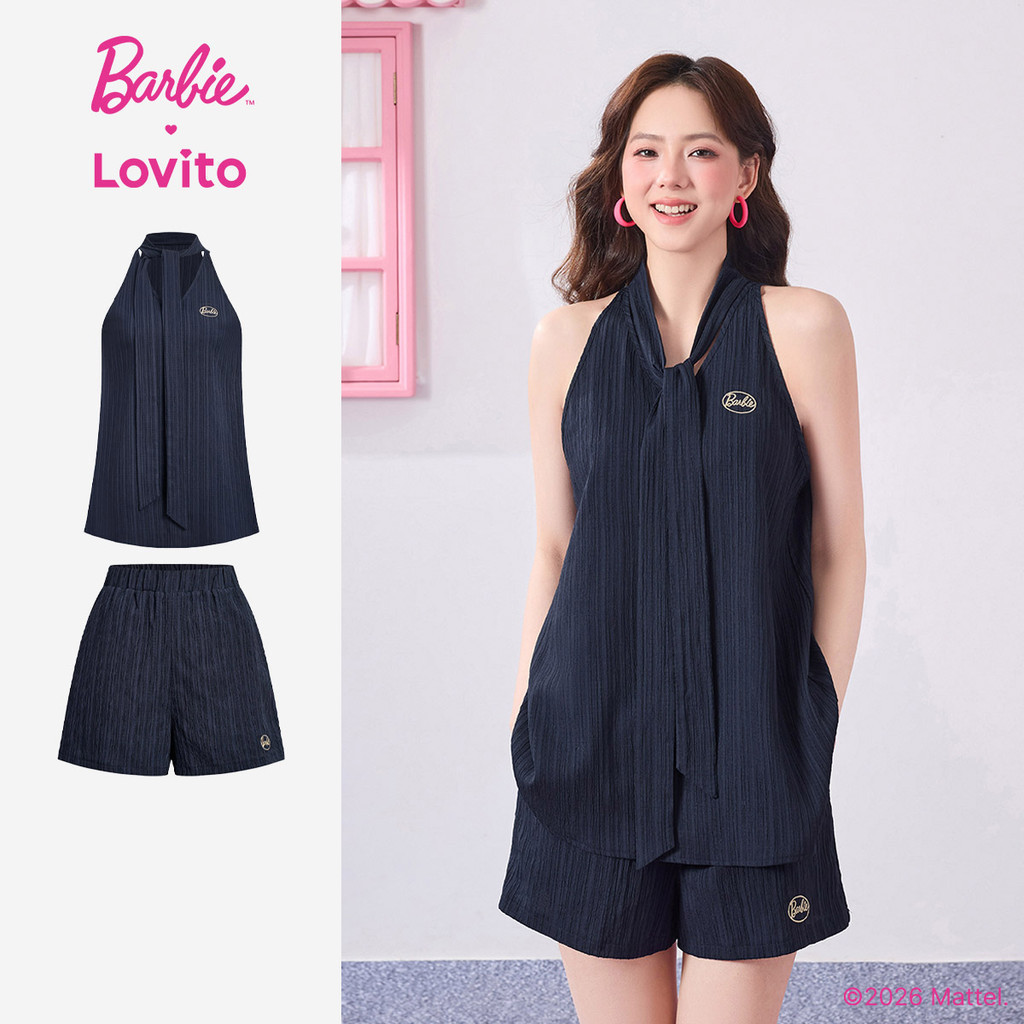 Barbie™ X Lovito แคชชวล เสื้อผู้หญิงผูกด้านหน้า สีฟ้าเข้ม สําหรับฤดูใบไม้ผลิ/ฤดูร้อน เกาหลี อินเทรนด