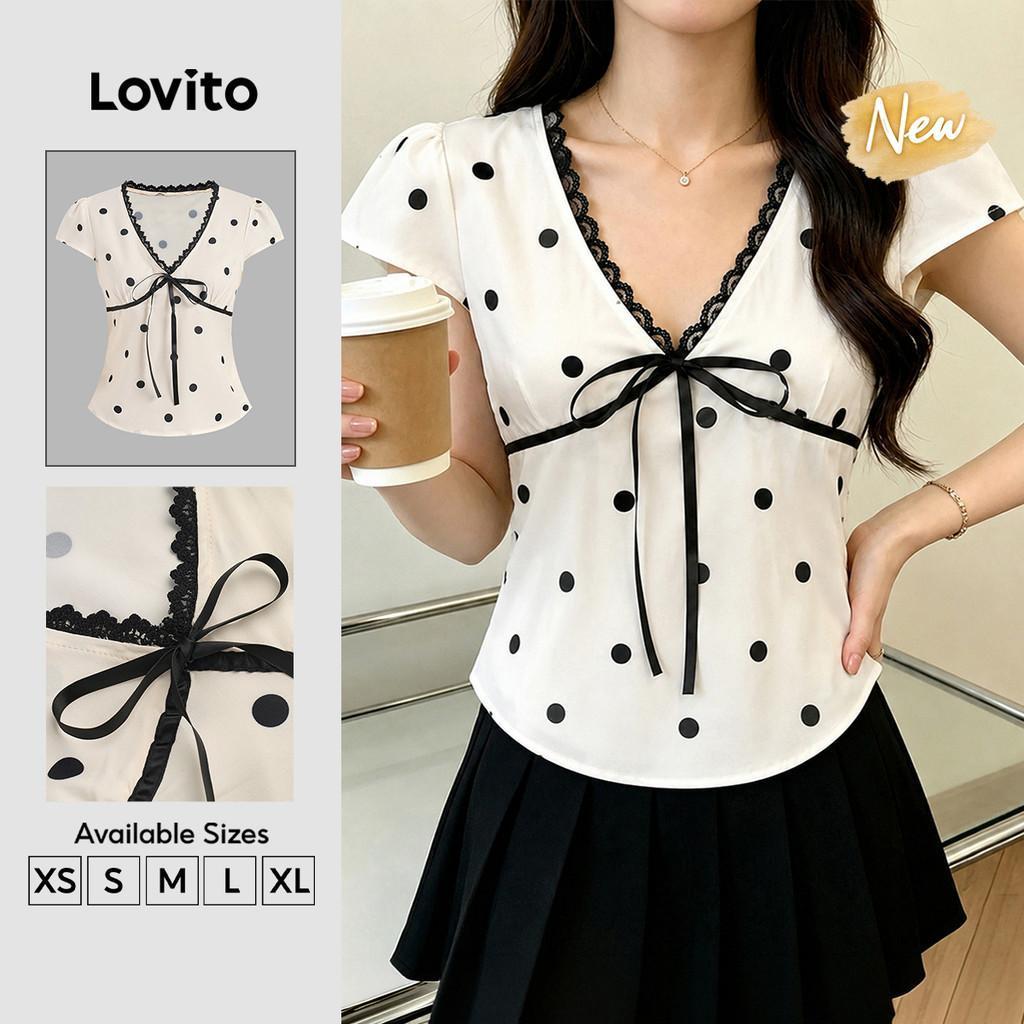 (New Arrival) Lovito เสื้อเชิ้ตผู้หญิงลําลอง ลายโบว์ แบบแยกสี สีดํา-ขาว เหมาะสําหรับฤดูใบไม้ผลิ/ฤดูร้อน BLK8P1D3280