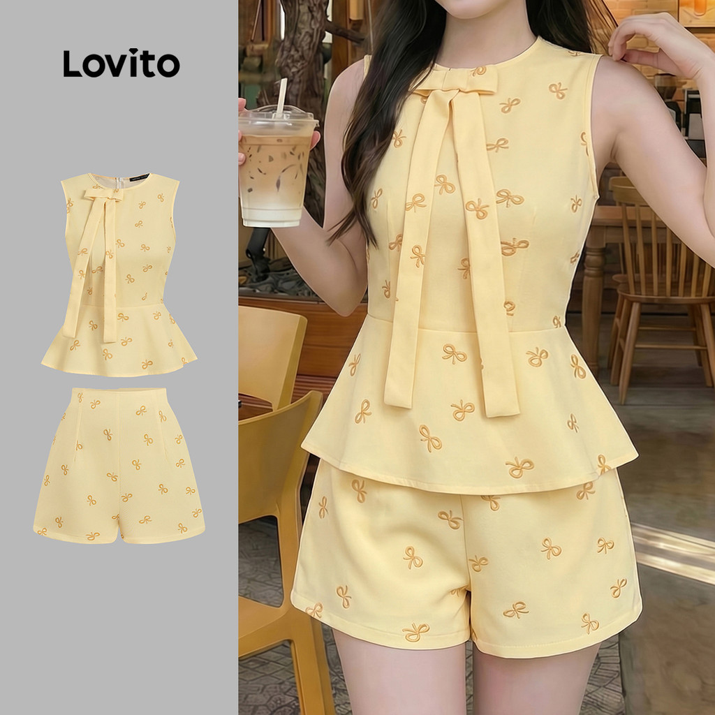 Lovito เสื้อหรือกางเกงลําลองลายโบว์สําหรับฤดูใบไม้ผลิ/ฤดูร้อนสําหรับผู้หญิง L196ED930