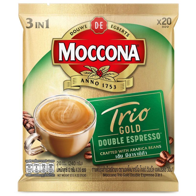 มอคโคน่าทรีโอ โกลด์ ดับเบิ้ล เอสเปรสโซ่ 3อิน1 กาแฟปรุงสำเร็จชนิดผง 12 ก 20ซอง Moccona DB Esp [บาร์โค้ด 8851753090082]