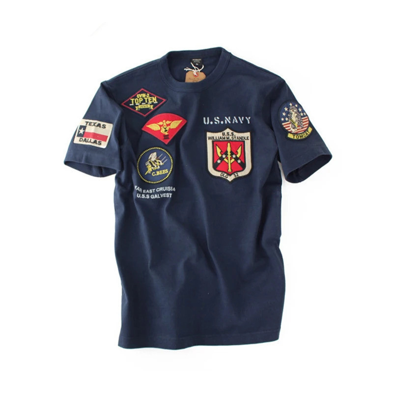 เสื้อยืดคอกลมลายทหาร WW2 Top Gun สำหรับนักบินกองทัพอากาศ พร้อมตรา WAPPEN BADGES สำหรับผู้ชายและผู้หญ