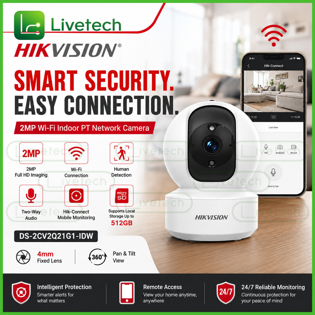 LiveTech HIKVISION DS-2CV2Q21G1-IDW 2MP WiFi กล้องวงจรปิดในร่ม PT Human Detection Two Way Audio Hik-