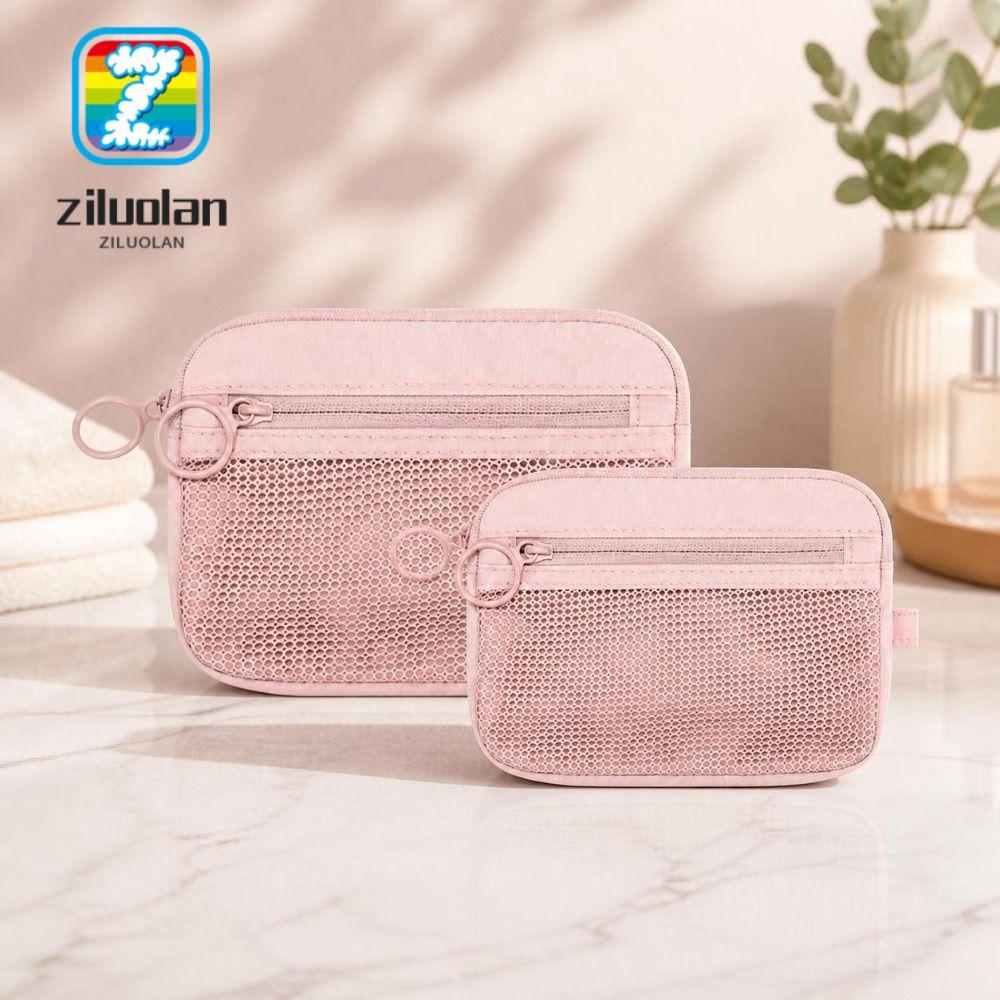 ZILUOLAN Travel Organizer,Double Layer Pink Mesh Storage Pouch, Zipper Nylon Portable Cosmetic Bag f