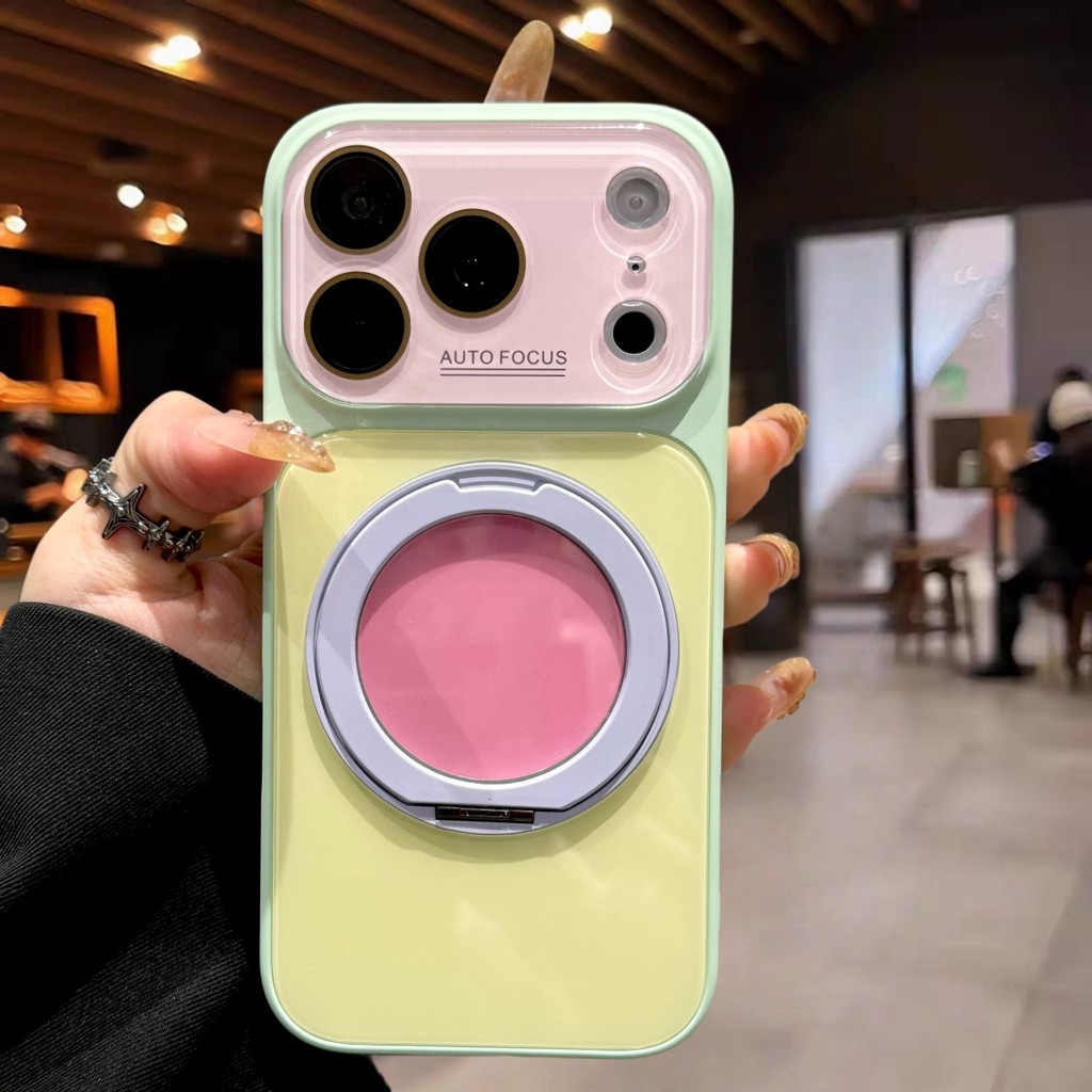 ขาตั้งหมุนได้ 360 สี-บล็อกเคสโทรศัพท์เคสกระจกพร้อมกระจกแต่งหน้าขนาดเล็กสําหรับ ไอโฟน 18 17 16 15 14 13 มือโปร สูงสุด