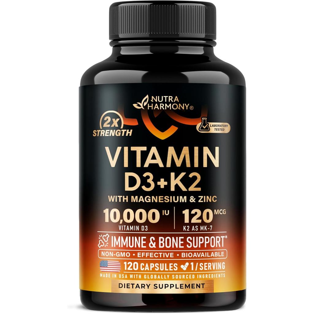 วิตามิน D3 K2-Vitamin D3 1,000 iu และ K2 As MK-7 120 mcg Complex-120 แคปซูล | D3 K2+แมกนีเซียม, สังก