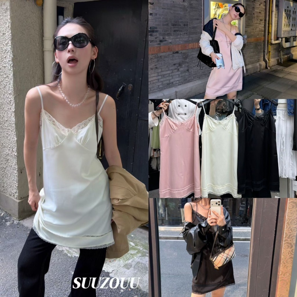 ❤ 🧵 🇰🇷 SU613-2 มินิเดรสสายเดี่ยวผ้าซาตินเนื้อเงา แต่งขอบลูกไม้ช่วงอกและชายกระโปรง แฟชั่นเกาหลี TAG MM Fish 🧵🧡