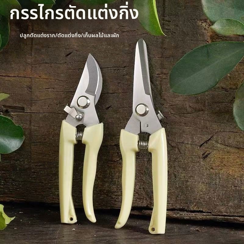 กรรไกรตัดกิ่งไม้ปากโค้ง สแตนเลส 7 นิ้ว ด้ามพลาสติกกันลื่น มีตัวล็อค สปริงดีดกลับ สำหรับตัดแต่งสวน