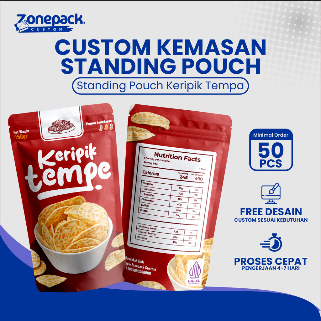 กระเป๋ายืนแบบกําหนดเอง Tempeh Chips การพิมพ์เต็มรูปแบบ | NON ZIPLOCK | โซนแพ็คแบบกําหนดเอง