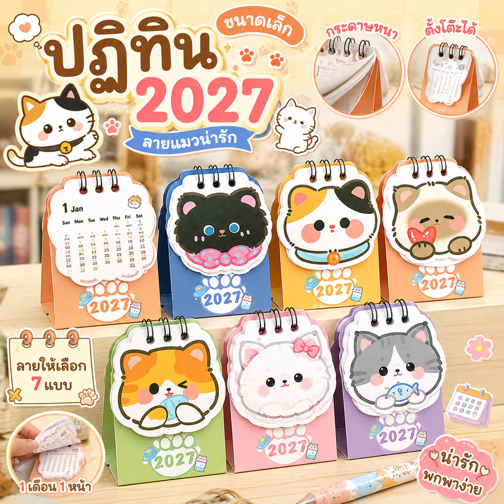 S0624 ขนาดเล็ก ปฎิทินตั้งโต๊ะ การ์ตูน สุ่มลาย ห่วงบน ปี2027 มินิ ปฎิทิน calendar ปีพ.ศ.2570 เปิดได้