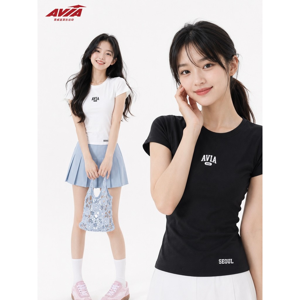 [ส่วนร่วมคนดัง] AVIA AVIA Slimmer Look Hot Girl Basic พิมพ์แขนสั้น All-Match Skinny Bott